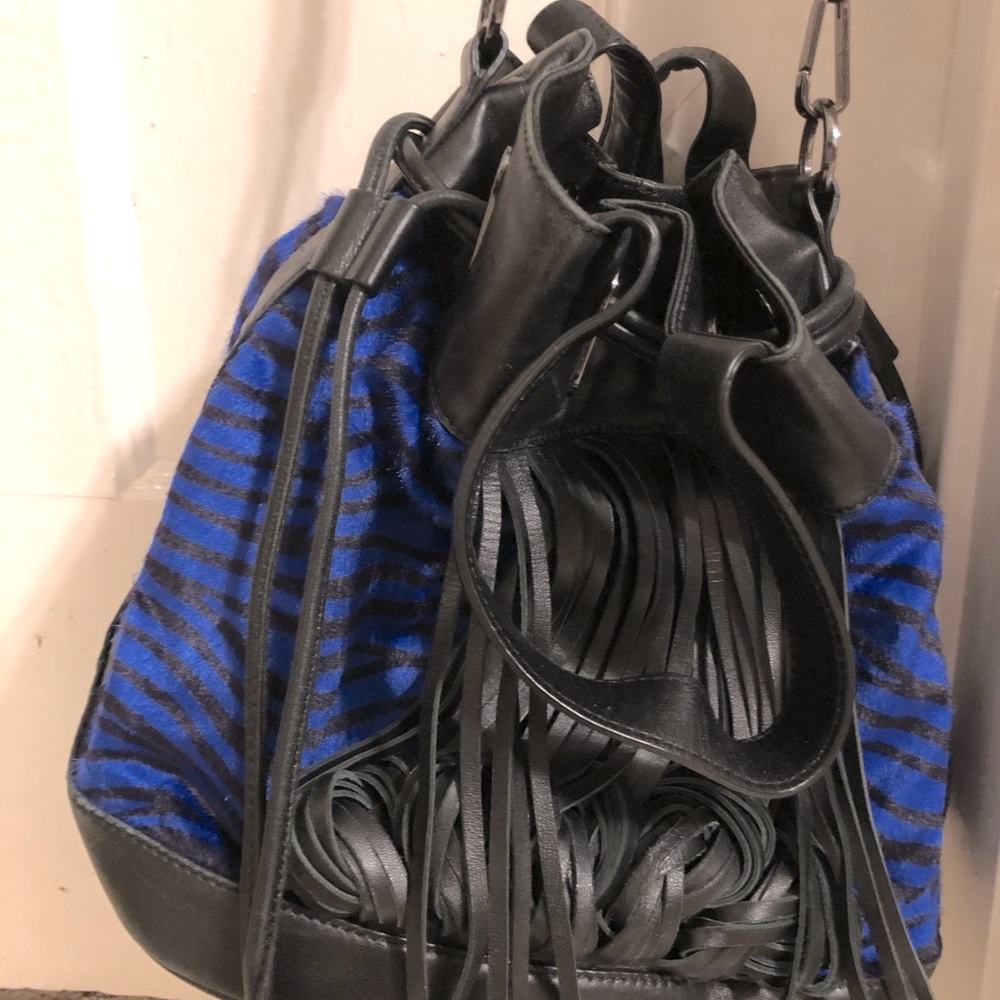 Katherine Kwei blue zebra print blk leather fringe